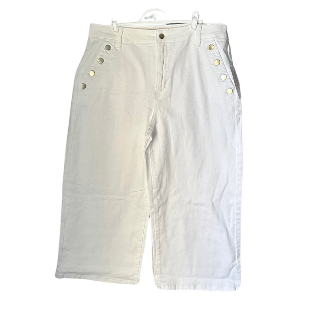 Liz Claiborne Plus Size White Wide Leg Cropped Denim Pants Gold Details